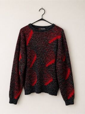 Vintage Scandia Made in USA Red & Black Geometric Knit Sweater XL Nordic